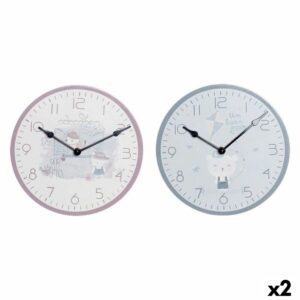 Reloj de Pared DKD Home Decor Azul Rosa Madera Metal Plástico Madera MDF Infantil Pájaro 24 x 3 x 24 cm (2 Unidades)
