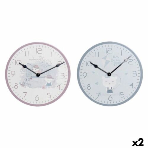 Reloj de Pared DKD Home Decor Azul Rosa Madera Metal Plástico Madera MDF Infantil Pájaro 24 x 3 x 24 cm (2 Unidades)