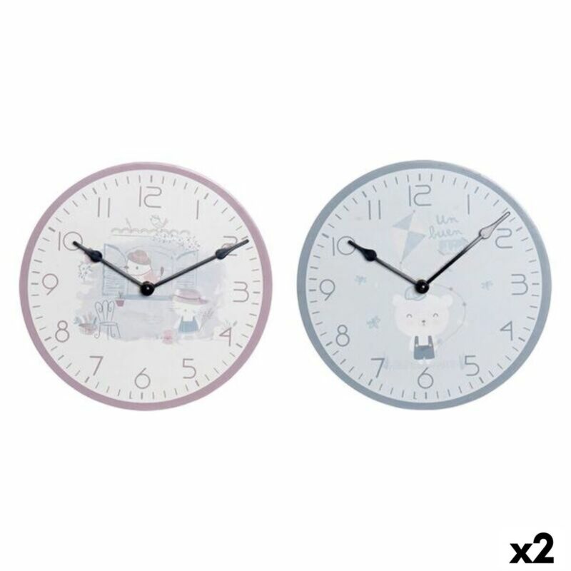 Reloj de Pared DKD Home Decor Azul Rosa Madera Metal Plástico Madera MDF Infantil Pájaro 24 x 3 x 24 cm (2 Unidades)