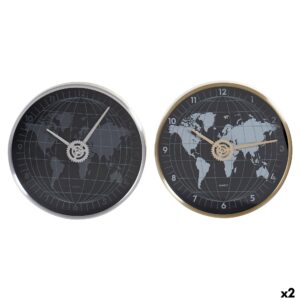 Reloj de Pared DKD Home Decor Negro Dorado Plateado Aluminio Cristal Mapamundi 30 x 4,3 x 30 cm (2 Unidades)
