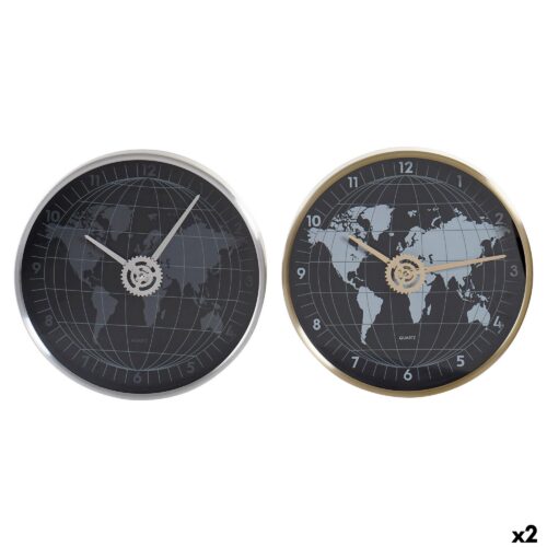 Reloj de Pared DKD Home Decor Negro Dorado Plateado Aluminio Cristal Mapamundi 30 x 4,3 x 30 cm (2 Unidades)