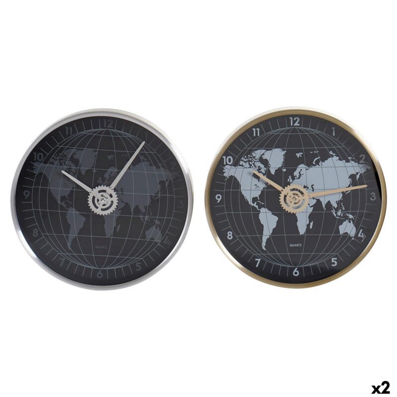 Reloj de Pared DKD Home Decor Negro Dorado Plateado Aluminio Cristal Mapamundi 30 x 4,3 x 30 cm (2 Unidades)