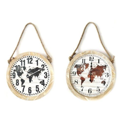 Reloj de Pared DKD Home Decor Negro Marrón Cuerda Madera MDF Mapamundi (2 pcs) (50 x 4 x 50 cm)