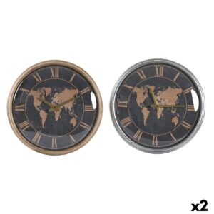 Reloj de Pared DKD Home Decor 46 x 6,5 x 46 cm Cristal Plateado Negro Dorado Marrón Hierro Mapamundi (2 Unidades)
