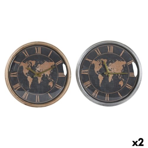 Reloj de Pared DKD Home Decor 46 x 6,5 x 46 cm Cristal Plateado Negro Dorado Marrón Hierro Mapamundi (2 Unidades)