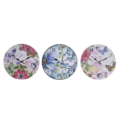 Reloj de Pared DKD Home Decor Multicolor Flores Madera MDF (34 x 4 x 34 cm) (3 Unidades)