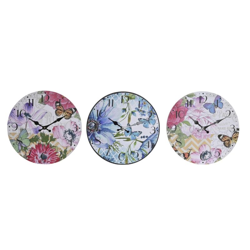 S3041498_0 Reloj de Pared DKD Home Decor Multicolor Flores Madera MDF (34 x 4 x 34 cm) (3 Unidades)