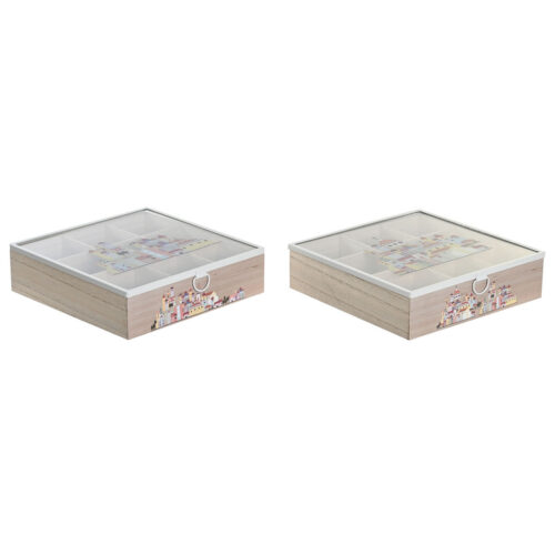 Caja para Infusiones DKD Home Decor Cristal Metal Multicolor Madera MDF (24,5 x 24,5 x 6 cm) (2 Unidades)
