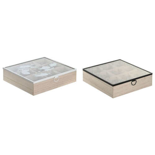 Caja para Infusiones DKD Home Decor Azul Blanco Negro Natural Metal Cristal Madera MDF 24 x 24 x 6,5 cm (2 Unidades)