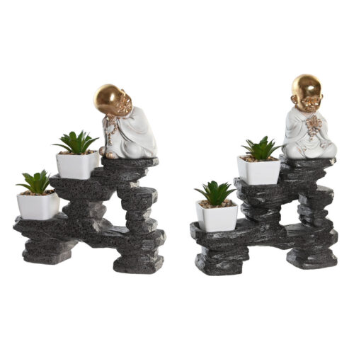 Figura Decorativa DKD Home Decor Negro Dorado Blanco Resina Monje Oriental (21 x 7,5 x 25 cm) (2 Unidades)