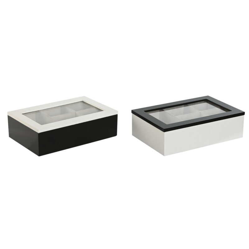 S3059147_0 Caja para Infusiones Home ESPRIT Blanco Negro Metal Cristal Madera MDF 23 x 15 x 6,5 cm (2 Unidades)