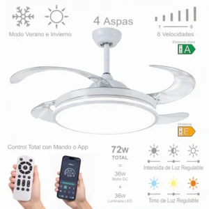 ee4e125efad564b5080a74c6790e2798em-4.webp Retractable Blades Ceiling Fan with LED Light 36W, remote control, and winter mode for efficient air distribution, featuring 6 speeds and 3 light temperatures (3000K-6500K) for a modern touch in your home.